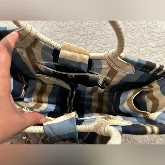 VINTAGE BRIGHTON COLLECTIBLES STRAW HANDBAG WHITE/NAVY BLUE STRIPE INTERIOR - Picture 7 of 14